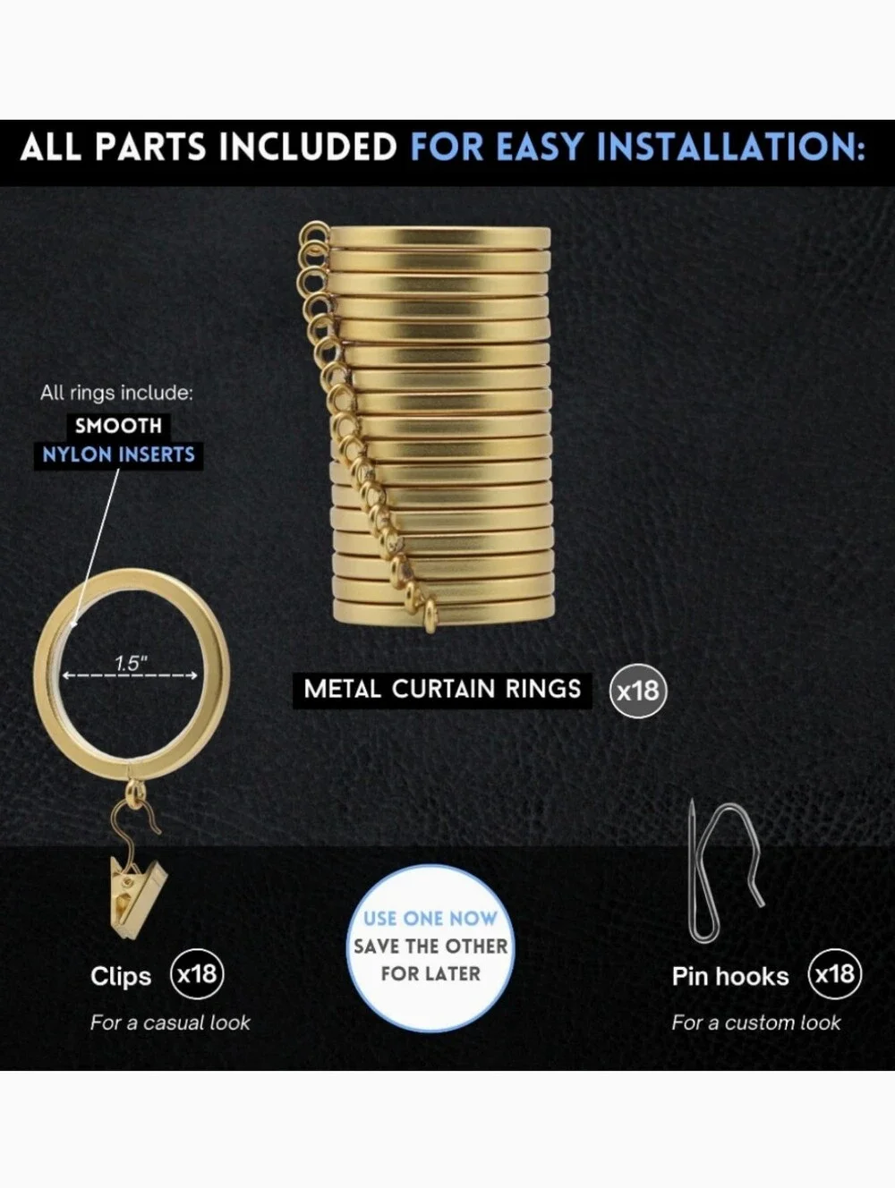 Blast Home NWT 18-Pack Luxury Premium Metal Curtain Rings In Brushed Gold 1.5